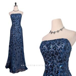 Vintage Cache Prom Dress Maxi Gown 6 Blue Y2K Sequin Strapless Glam Pageant